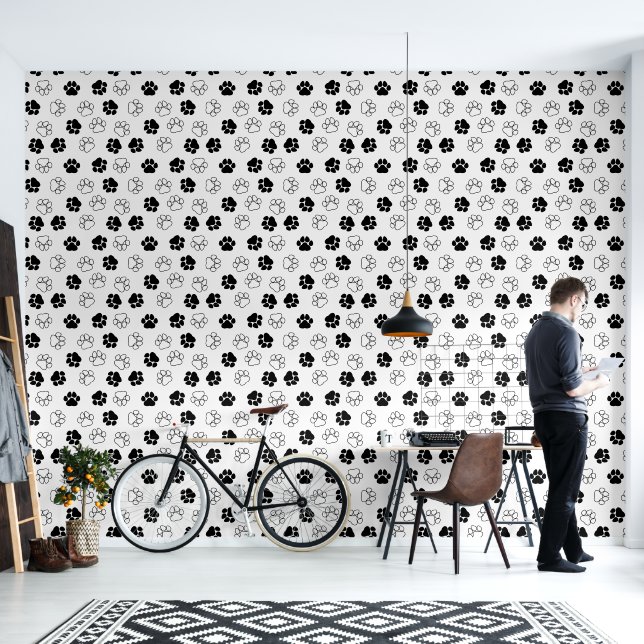 Cute Black & White Paw Prints Pattern Wallpaper (Living Room)