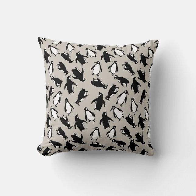 Cute black white penguin pattern grey background cushion (Front)