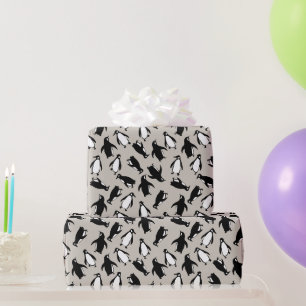 Cute black white penguin pattern grey background wrapping paper