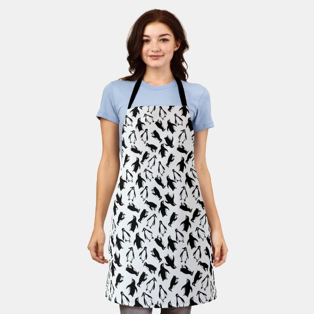 Cute black white penguin pattern white background apron (Worn)