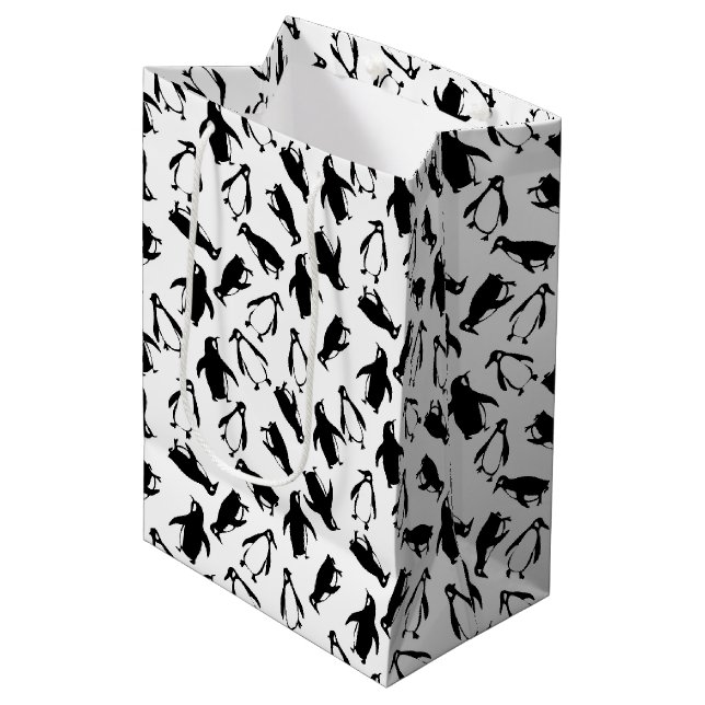 Cute black white penguin pattern white background medium gift bag (Front Angled)