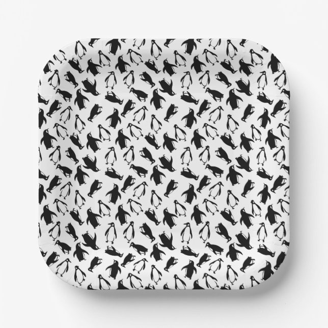 Cute black white penguin pattern white background paper plate (Front)