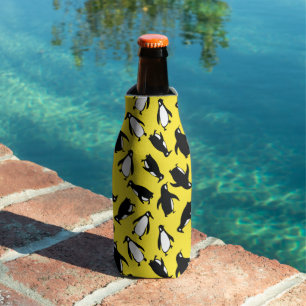 Cute black white penguin pattern yellow background bottle cooler
