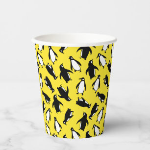 Cute black white penguin pattern yellow background paper cups