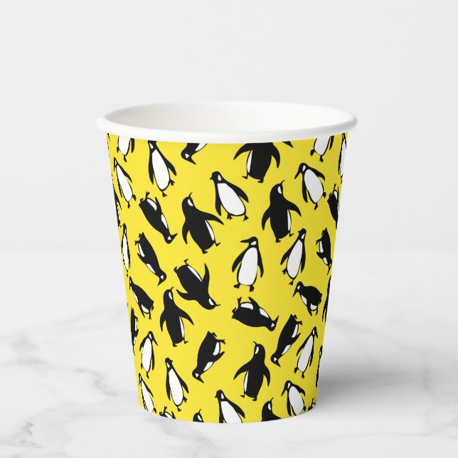 Cute black white penguin pattern yellow background paper cups (Front)