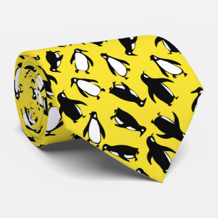 Cute black white penguin pattern yellow background tie