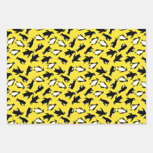 Cute black white penguin pattern yellow background wrapping paper sheet