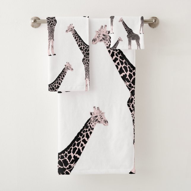 Cute Black White Pink Giraffe Bath Towel Set (Insitu)