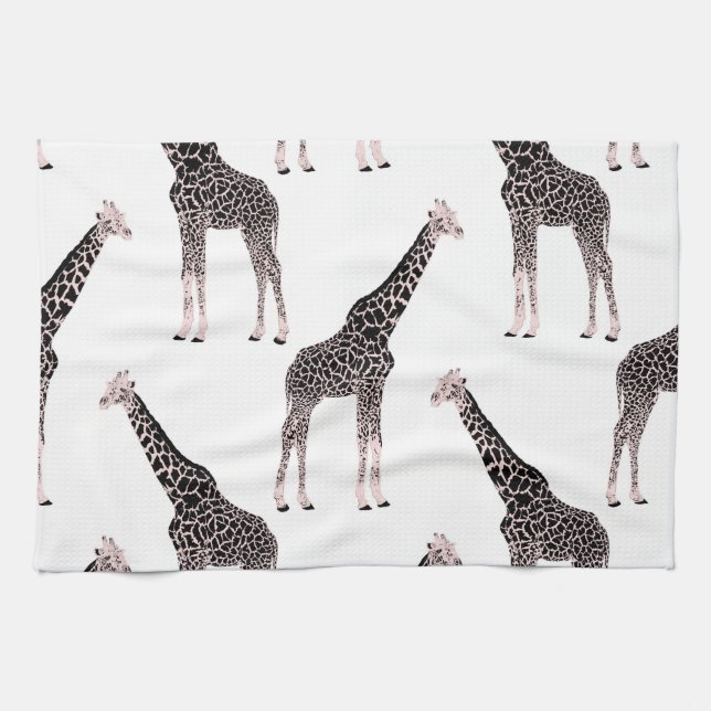 Cute Black White Pink Giraffe Tea Towel (Horizontal)