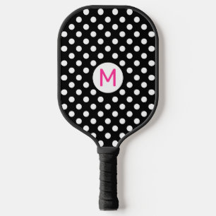 Cute Black White Polka Dots Pink Monogram Pickleball Paddle