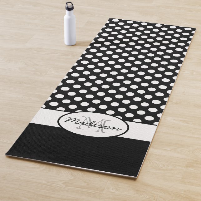Cute Black White polka dots retro pattern Monogram Yoga Mat (In Situ)