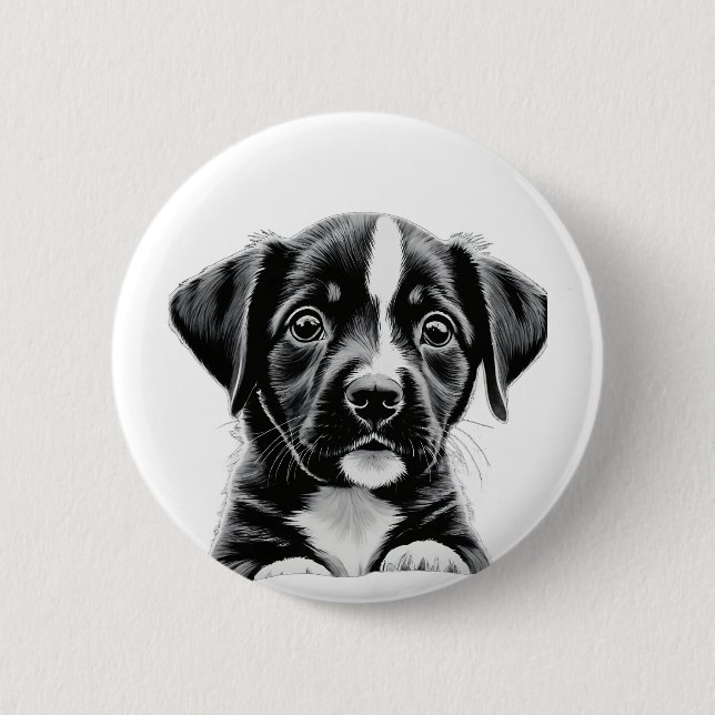 Cute Black & White Puppy – Adorable Dog Button (Front)