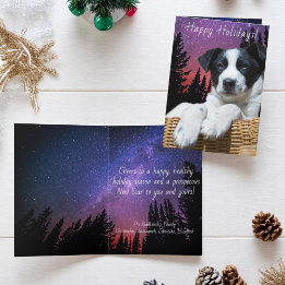 Cute Black White Puppy Colourful Starry Sky Custom Holiday Card