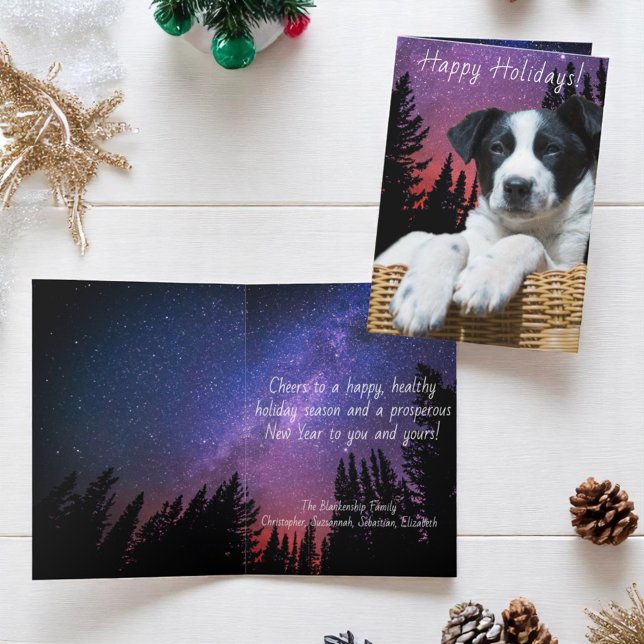 Cute Black White Puppy Colourful Starry Sky Custom Holiday Card (Cover and inside template Christmas greeting card design)