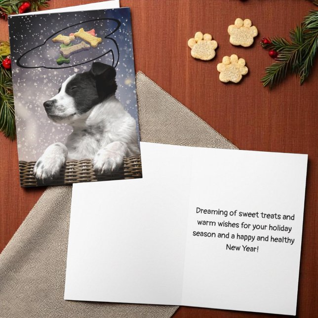 Cute Black White Puppy Dreams Dog Treats Custom Holiday Card (cover and inside template Christmas card)