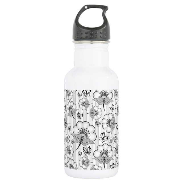 Cute black white seamless flowers patterns 532 ml water bottle (Front)