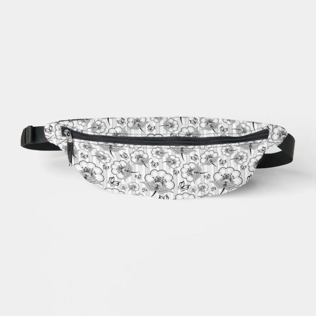 Cute black white seamless flowers patterns bum bags (Front)