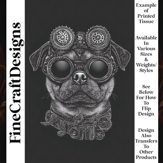 Cute Black & White Steampunk Pug T6 Decoupage Tissue Paper (Creator Uploaded)