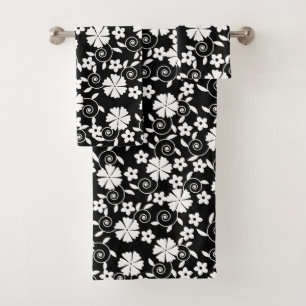 Cute black white swirl flowers pattern bath towel set
