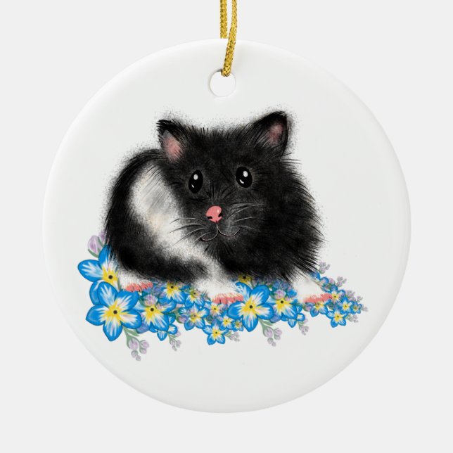 Cute Black white Syrian Hamster gifts Ceramic Tree Decoration (Front)