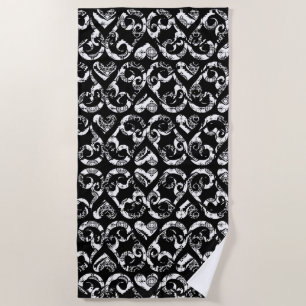 Cute black white vintage hearts background design beach towel