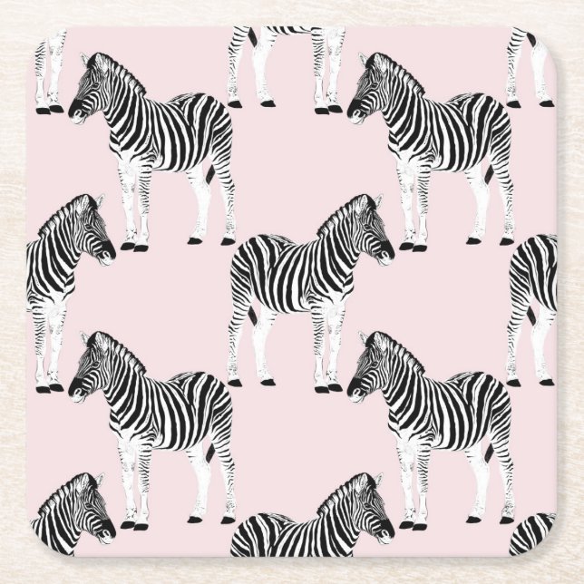 Cute Black White Zebra Animal Pink Design Square Paper Coaster (Front)