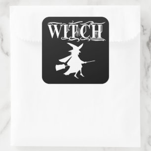 Cute Black Wicked Flying Witch Halloween Square Sticker