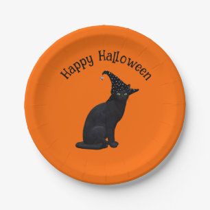 Cute Black Witch Cat Paper Plate