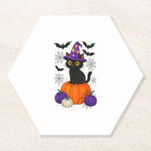 Cute Black Witch Cat Pumpkin Halloween Costume Fal Paper Coaster