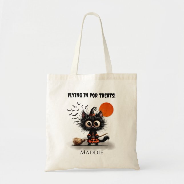 Cute Black Witch Kitten Halloween Trick or Treat Tote Bag (Front)