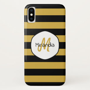 Cute Black Yellow Bee Stripes Name and Monogram Case-Mate iPhone Case