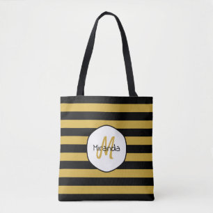Cute Black Yellow Bee Stripes Name and Monogram Tote Bag