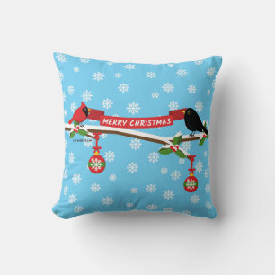 Cute Blackbird And Cardinal On Branch - MERRY XMAS Cushion
