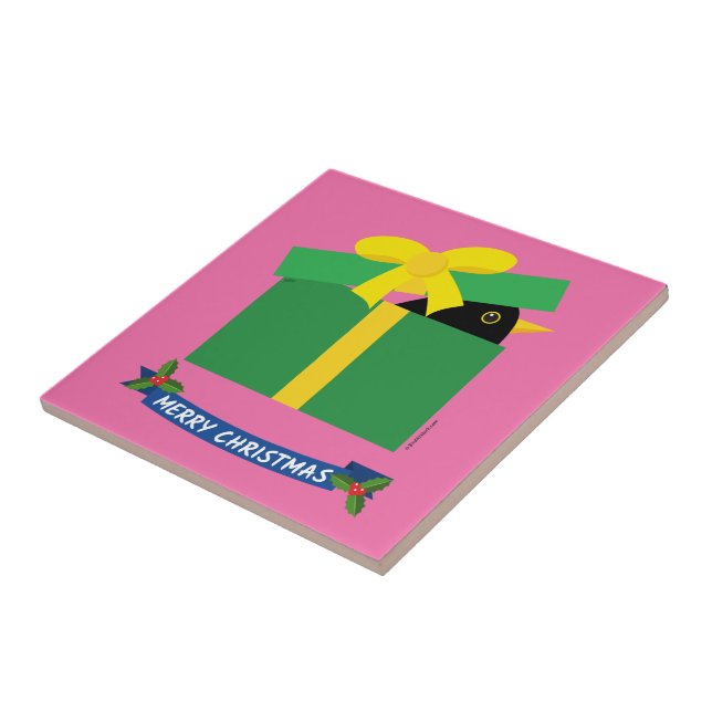 Cute Blackbird Peeking Out Of A Gift Box Tile (Side)