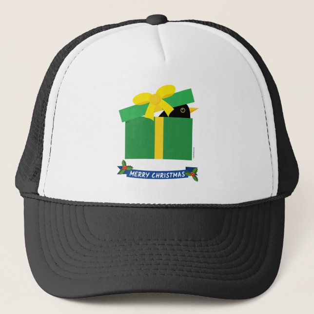 Cute Blackbird Peeking Out Of A Gift Box Trucker Hat (Front)