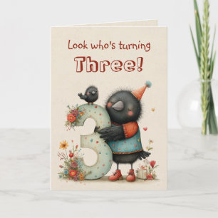 Cute Blackbird Third Birthday, Three Years Old Card