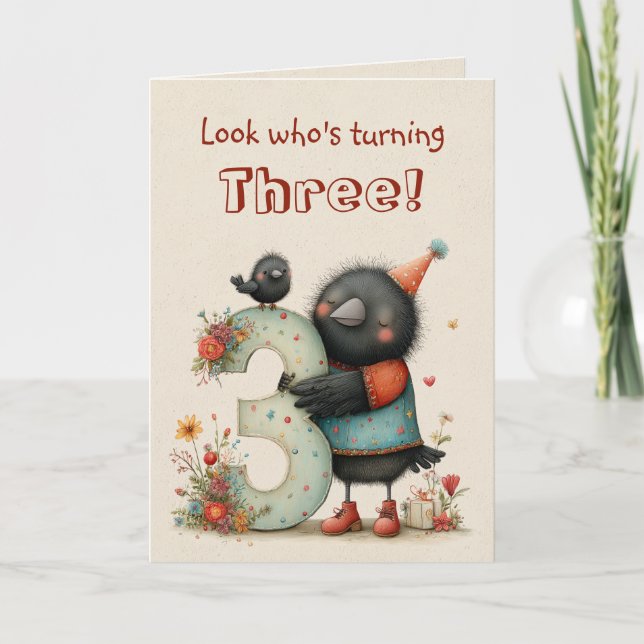 Cute Blackbird Third Birthday, Three Years Old Card (Front)
