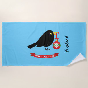 Cute Blackbird With A Christmas Ball Custom Name Beach Towel