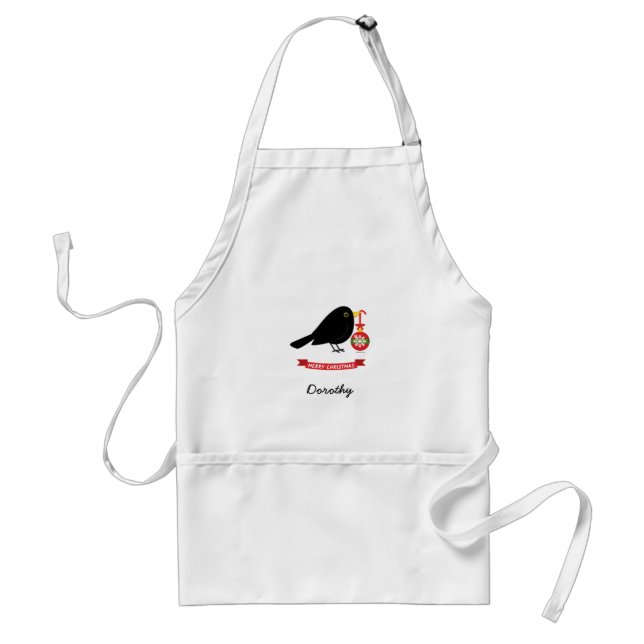 Cute Blackbird With A Christmas Ball Custom Name Standard Apron (Front)