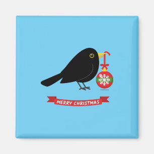 Cute Blackbird With A Christmas Ball Magnet