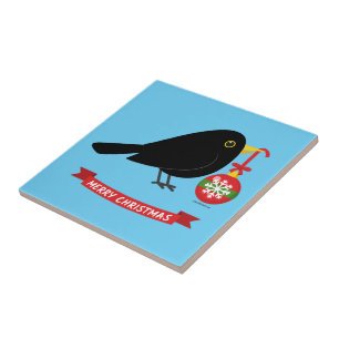 Cute Blackbird With A Christmas Ball Tile