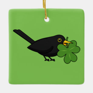 Cute Blackbird with Shamrock Clover Cartoon Ceramic Ornament