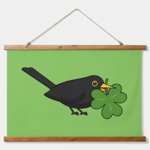 Cute Blackbird with Shamrock Clover Cartoon Hanging Tapestry