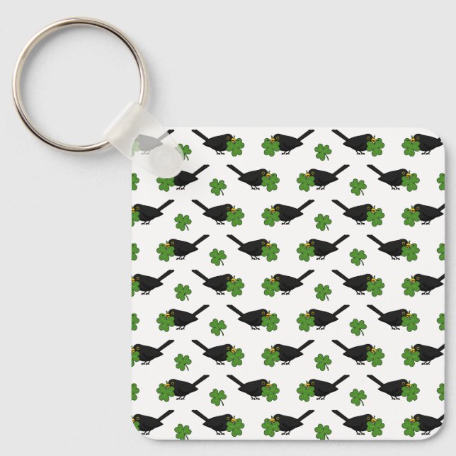 Cute Blackbird with Shamrock Clover Cartoon Key Ring (Front)