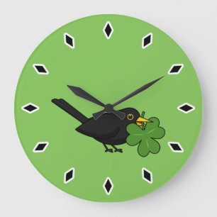Cute Blackbird with Shamrock Clover Cartoon Large Clock