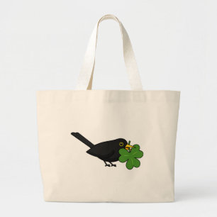 Cute Blackbird with Shamrock Clover Cartoon Large Tote Bag