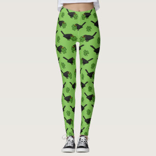 Cute Blackbird with Shamrock Clover Cartoon Leggings