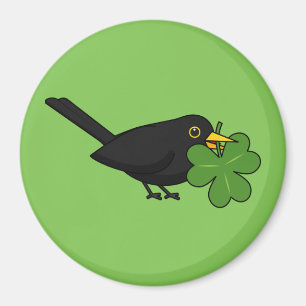 Cute Blackbird with Shamrock Clover Cartoon Magnet