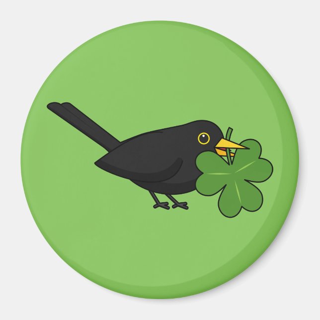 Cute Blackbird with Shamrock Clover Cartoon Magnet (Front)