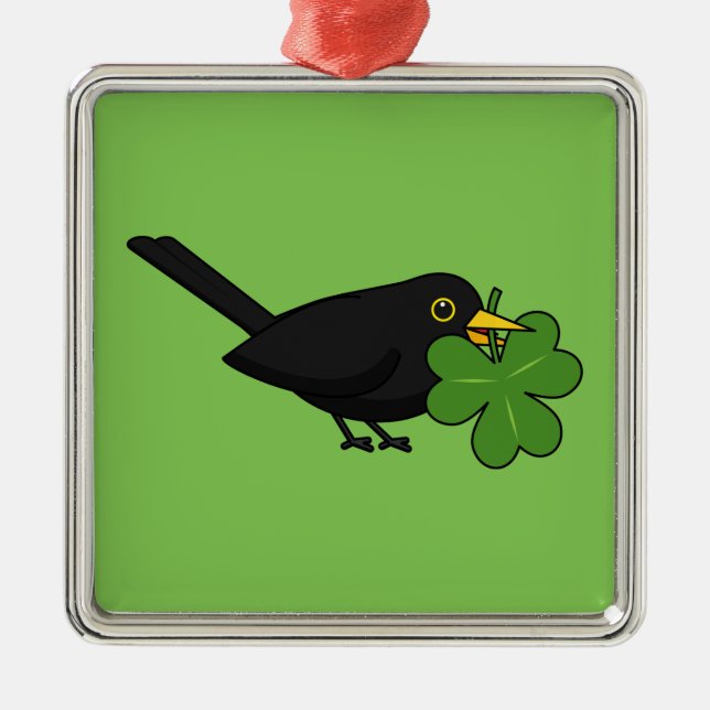 Cute Blackbird with Shamrock Clover Cartoon Metal Tree Decoration (Front)